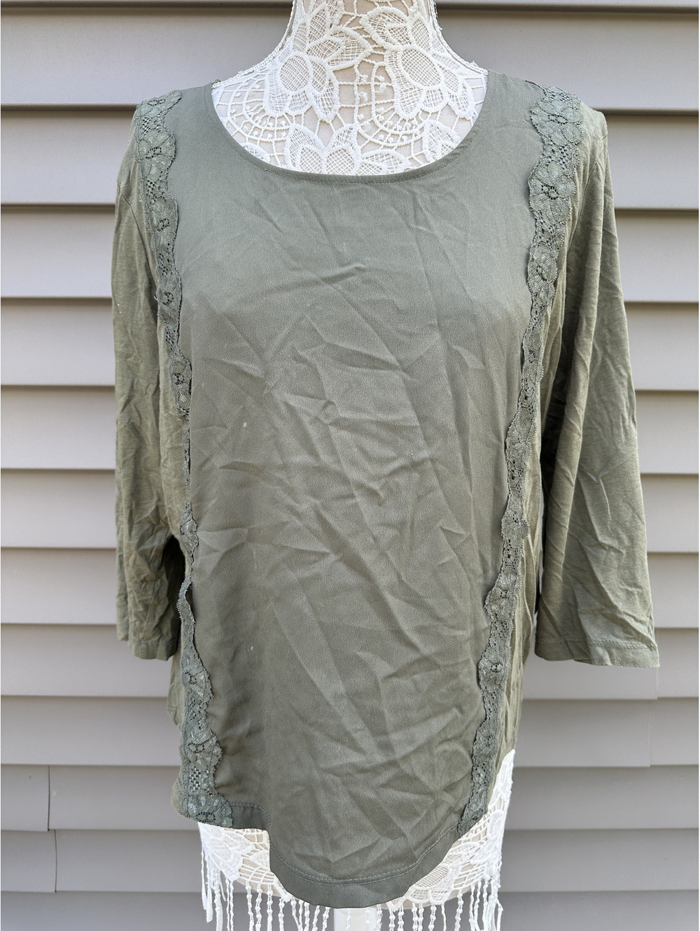 Chico's Olive Green Lace Trim Blouse Boho Chic Casual Top